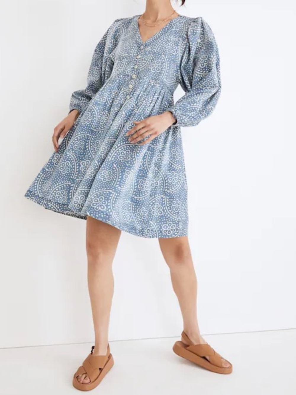 Madewell Bubble Sleeve Button Front Mini Dress Indigo Paisley Batik Size XXS NWT